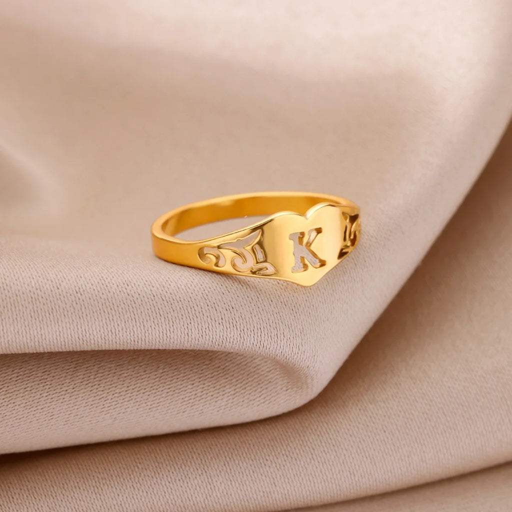 Fashion Hollow Initial Letter Heart Rings For Women Gold Color Stainless Steel A-Z