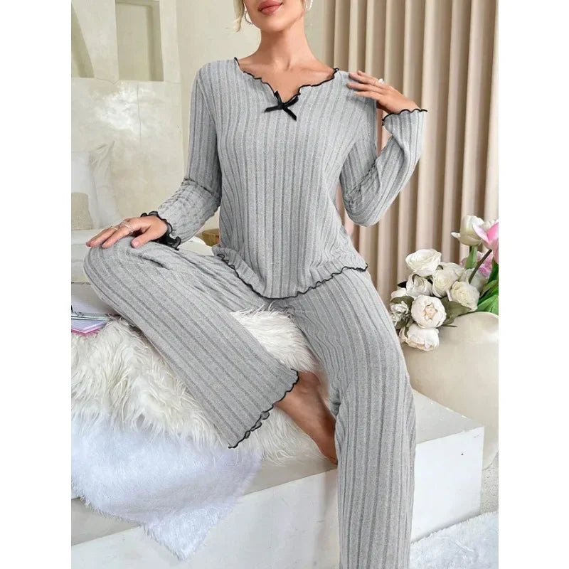 Women Autumn Winter Sleepwear Ribbed Pajamas Set Long Sleeve - Multi Shop24