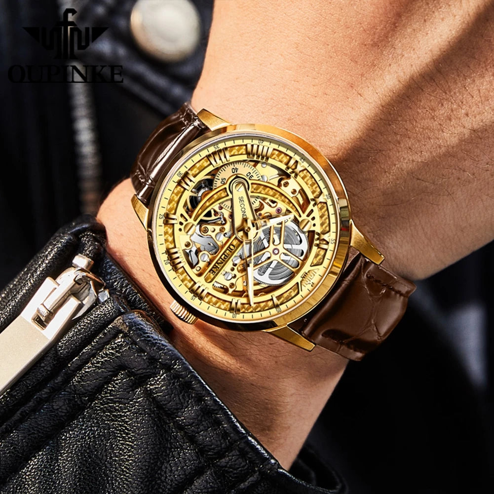 OUPINKE 3173 Original Leather Strap Automatic Hollow Mechanical Wristwatch for Men Multi Shop24