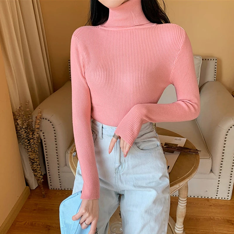 2026 Autumn Winter Women Long Sleeve Knitted Foldover Turtleneck Ribbed Pull Sweater Soft Warm Femme Jumper Pullover Clothes MultiShop24
