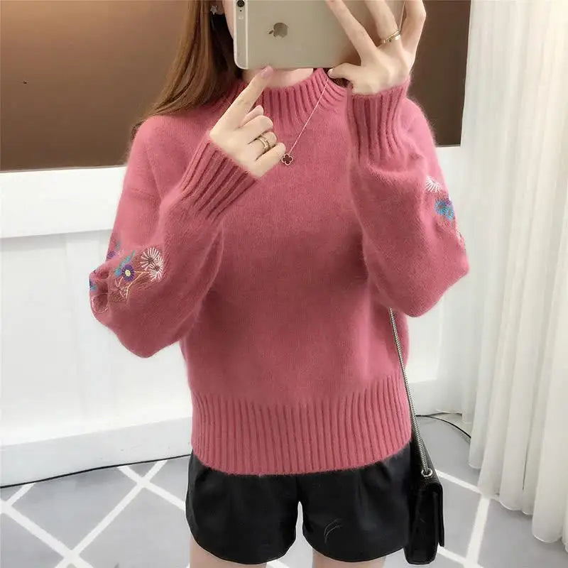 Autumn Winter 2026 New Embroidered Sleeves with Long Sleeves Knit Pullover Women Clothing Vintage All-match O-neckLoose Sweaters MultiShop24