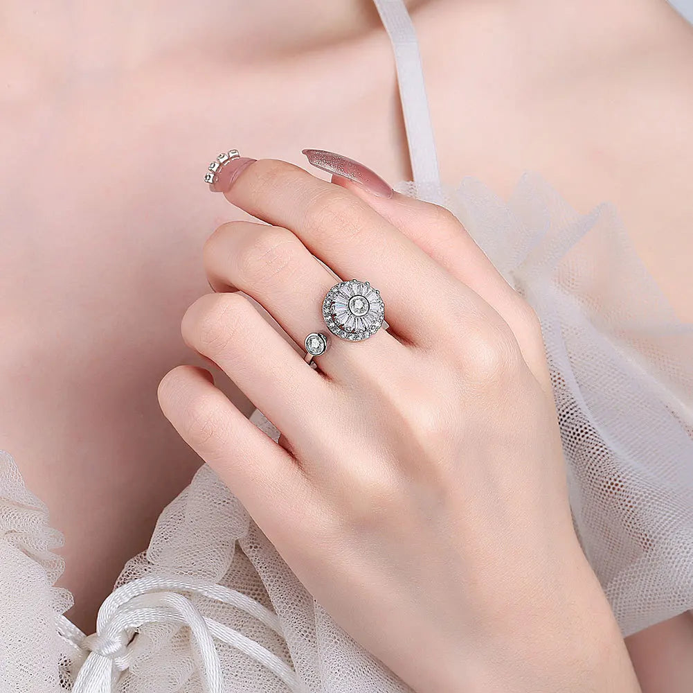 VENTFILLE 925 Sterling Silver Sunflower Diamond Zircon Rotatable Ring For Women