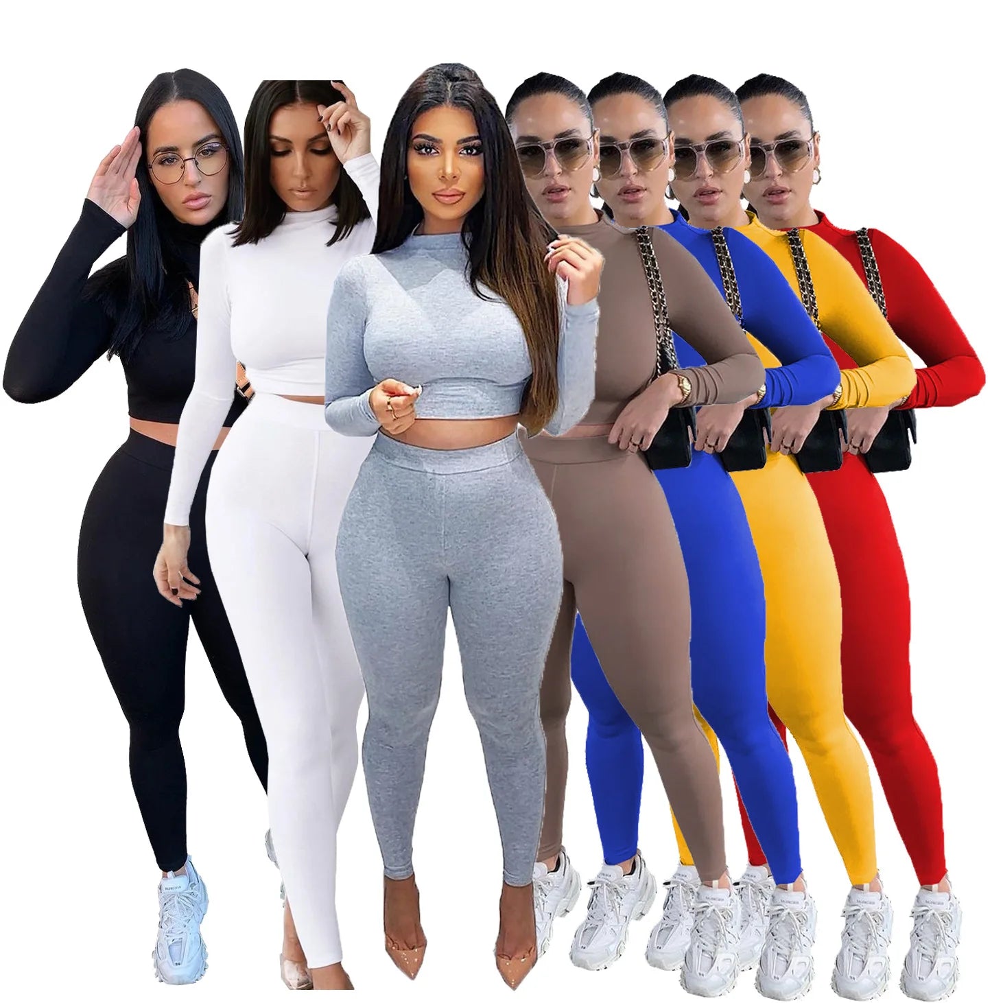 Two Piece Sets Women Solid Autumn Tracksuits High Waist Stretchy Sportswear Hot Crop Tops And Leggings Matching Outfits MultiShop24