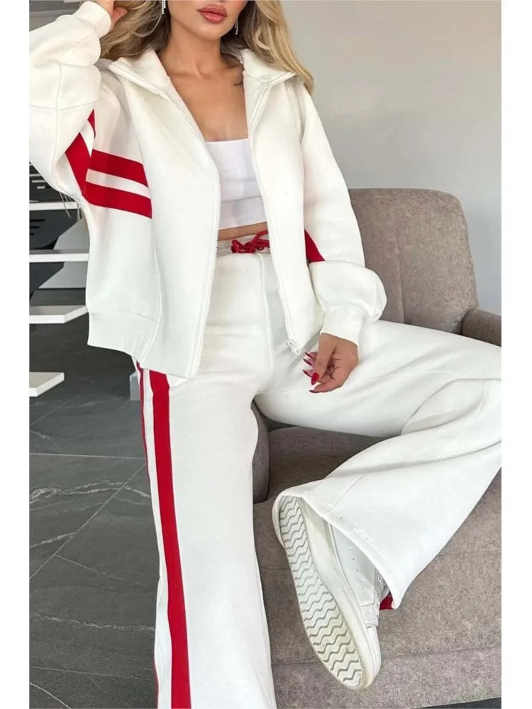 2025 Autumn Winter New Two-piece Set Women's Zipper Striped Loose Jacket Outwear And High Waist Side-striped Pants Sports Sets MultiShop24