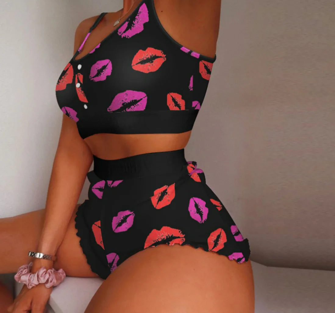 2 Pieces Set Women's Pajama Shorts Suit Multiple Print Underwear Sexy Lingerie Camisoles Tanks Nighty Ladies Loungewear Homewear Multi Shop24