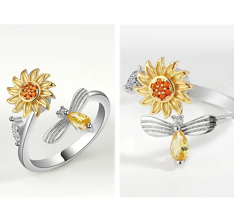 VENTFILLE 925 Sterling Silver Sunflower Diamond Zircon Rotatable Ring For Women