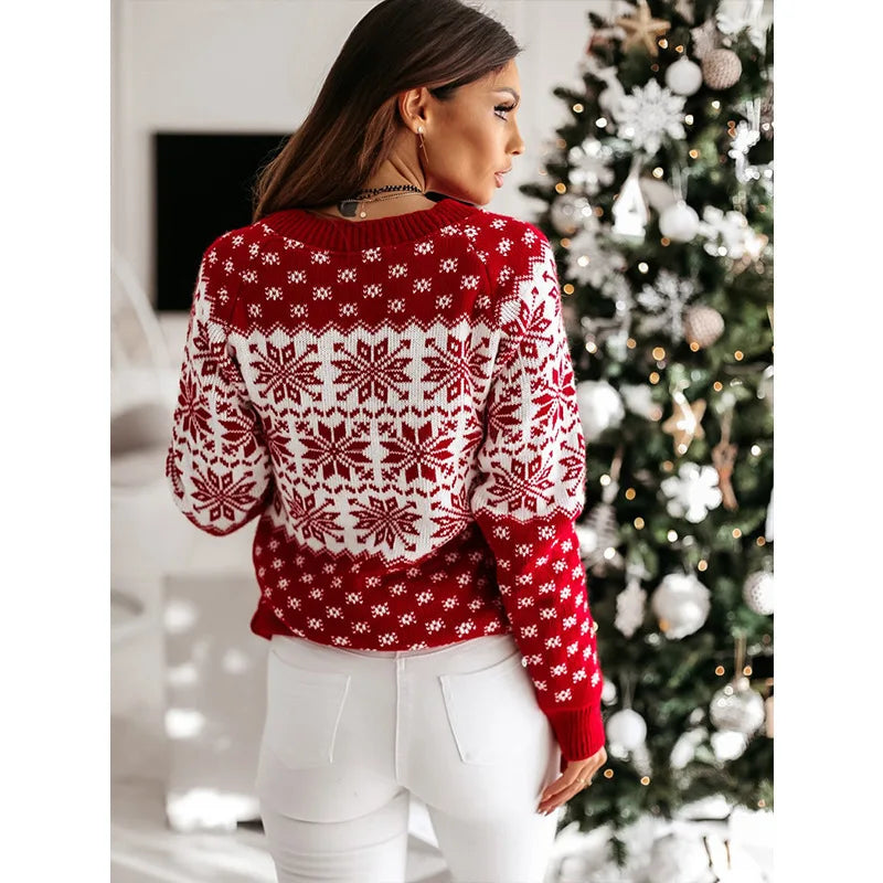 Women Sweater Christmas Snowflake Knitted Long Sleeve O Neck Ladies Jumper Fashion Casual Winter Autumn Printed Pullover Clothes MultiShop24
