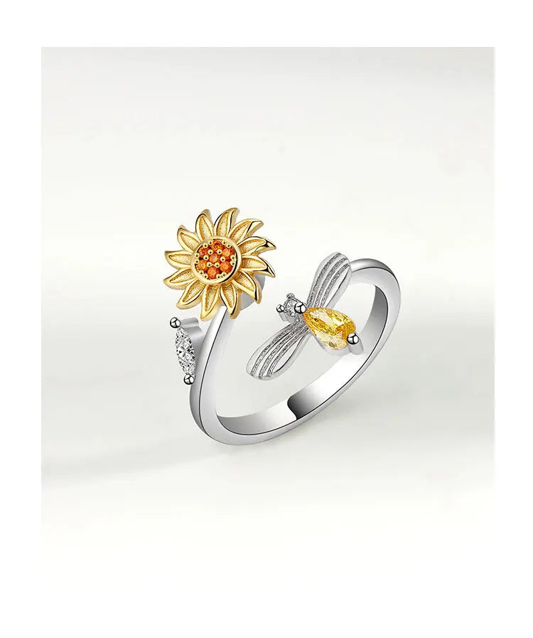 VENTFILLE 925 Sterling Silver Sunflower Diamond Zircon Rotatable Ring For Women