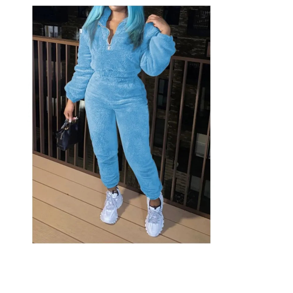 Fashion Casual Solid Color Plush Women's Suit Autumn Winter New Ultra Short Jacket Slim Warm Sports Trousers Girls 2 Piece Set MultiShop24