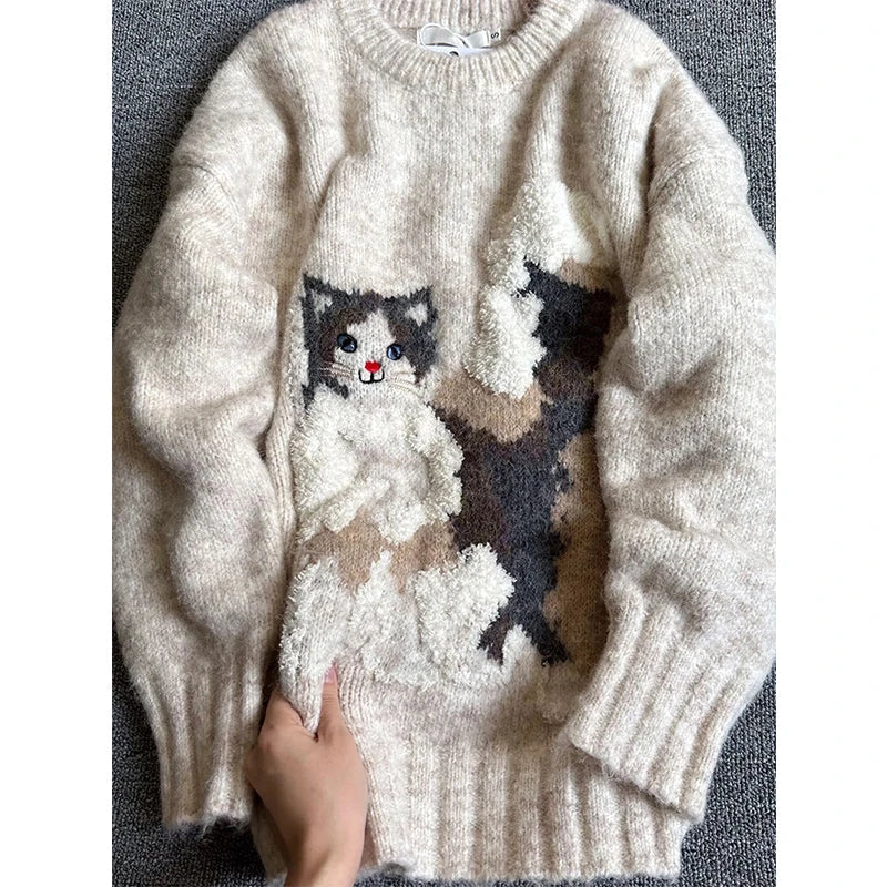 MEXZT Kawaii Cartoon Cat Sweater Women Harajuku Print Knitted Pullovers Winter Korean Cute Long Sleeve Knitwear Casual Jumpers MultiShop24