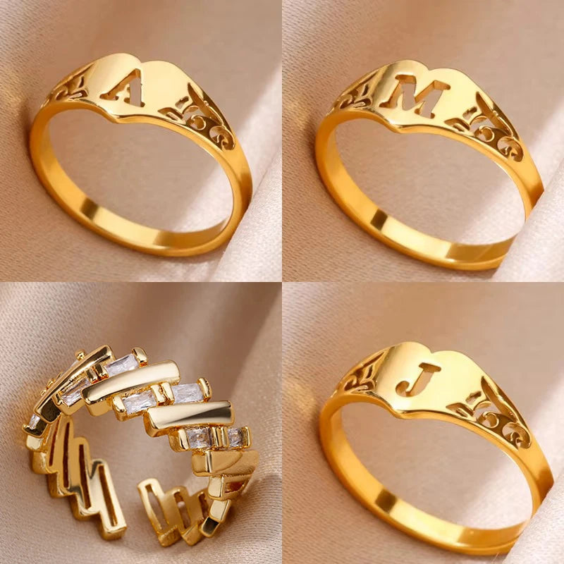 Fashion Hollow Initial Letter Heart Rings For Women Gold Color Stainless Steel A-Z