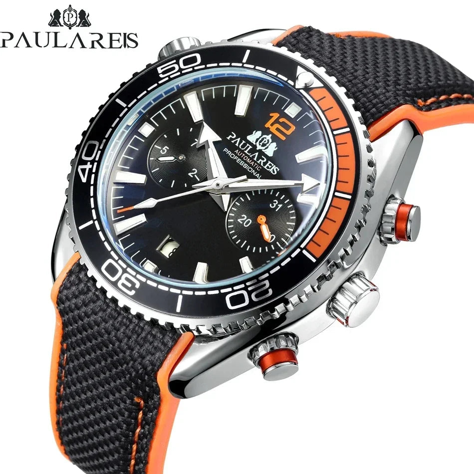 Automatic Watch for Men Mechanical Canvas Rubber Strap Orange Blue Red Multi Shop24