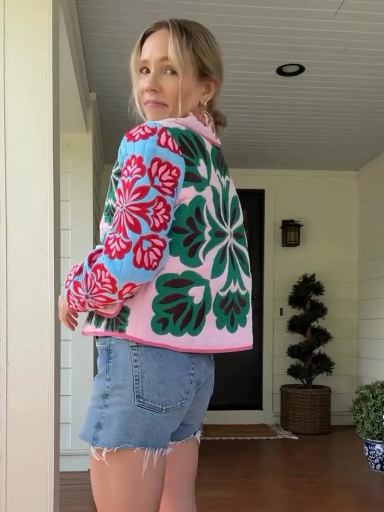 2025 Winter Women's Flower Print Parkas Lapel Single-breasted Long Sleeve Pocket Quilted Coat Female Vintege Lady New in Outwear MultiShop24