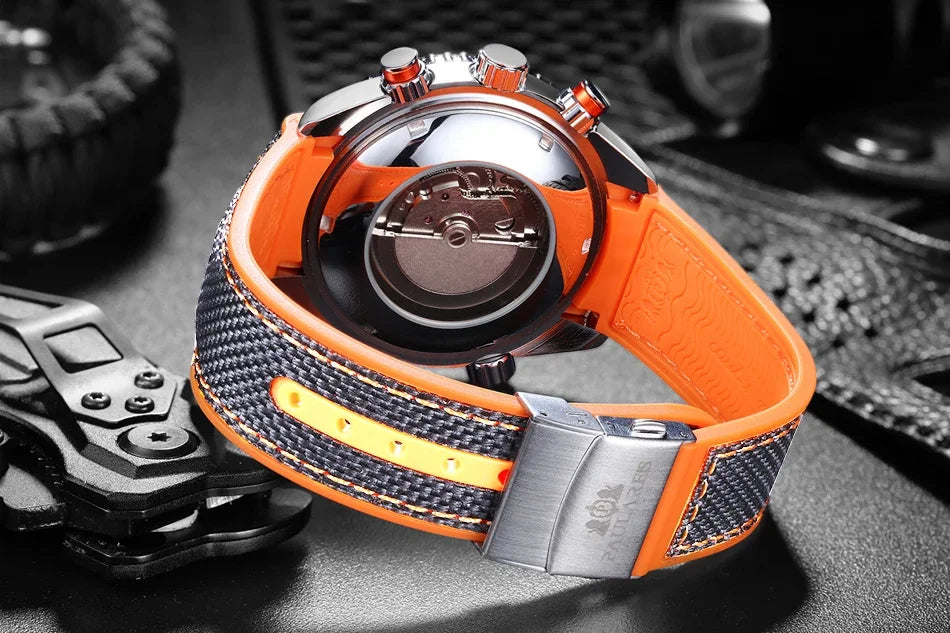 Automatic Watch for Men Mechanical Canvas Rubber Strap Orange Blue Red Multi Shop24