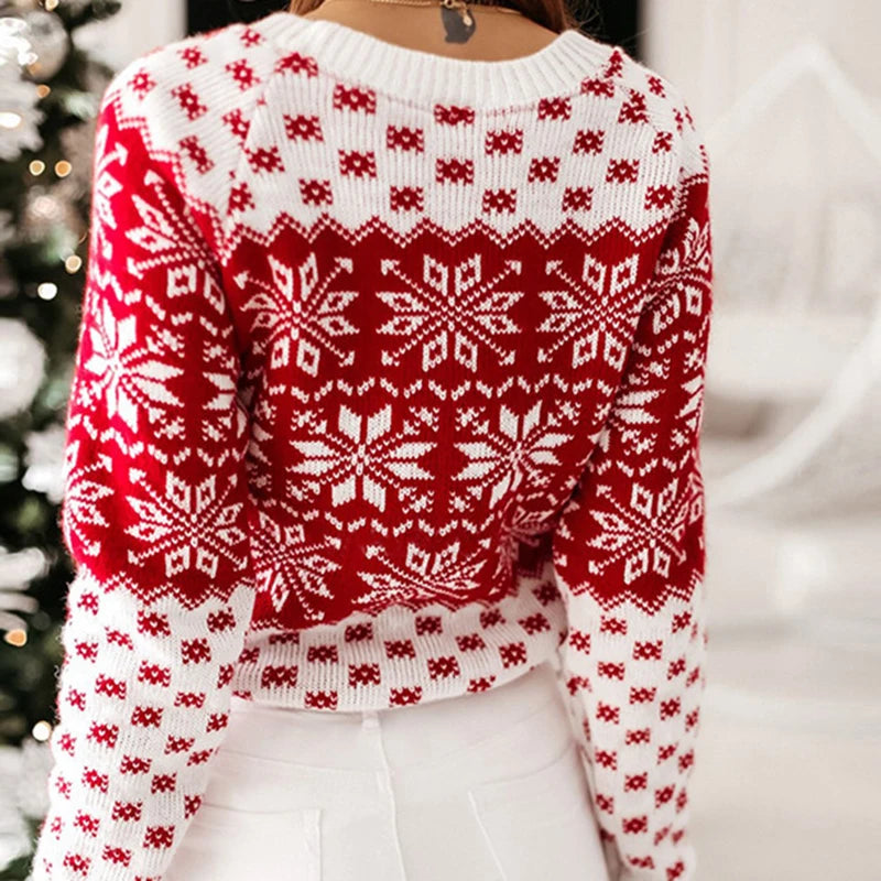 Women Sweater Christmas Snowflake Knitted Long Sleeve O Neck Ladies Jumper Fashion Casual Winter Autumn Printed Pullover Clothes MultiShop24