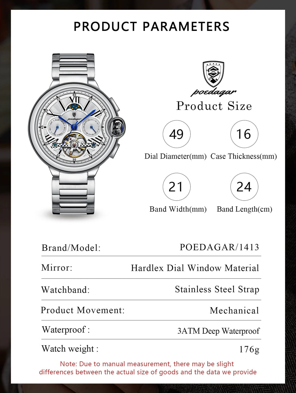 POEDAGAR Luxury Man Watch Tourbillon Date Week Stainless Steel Men Multi Shop24