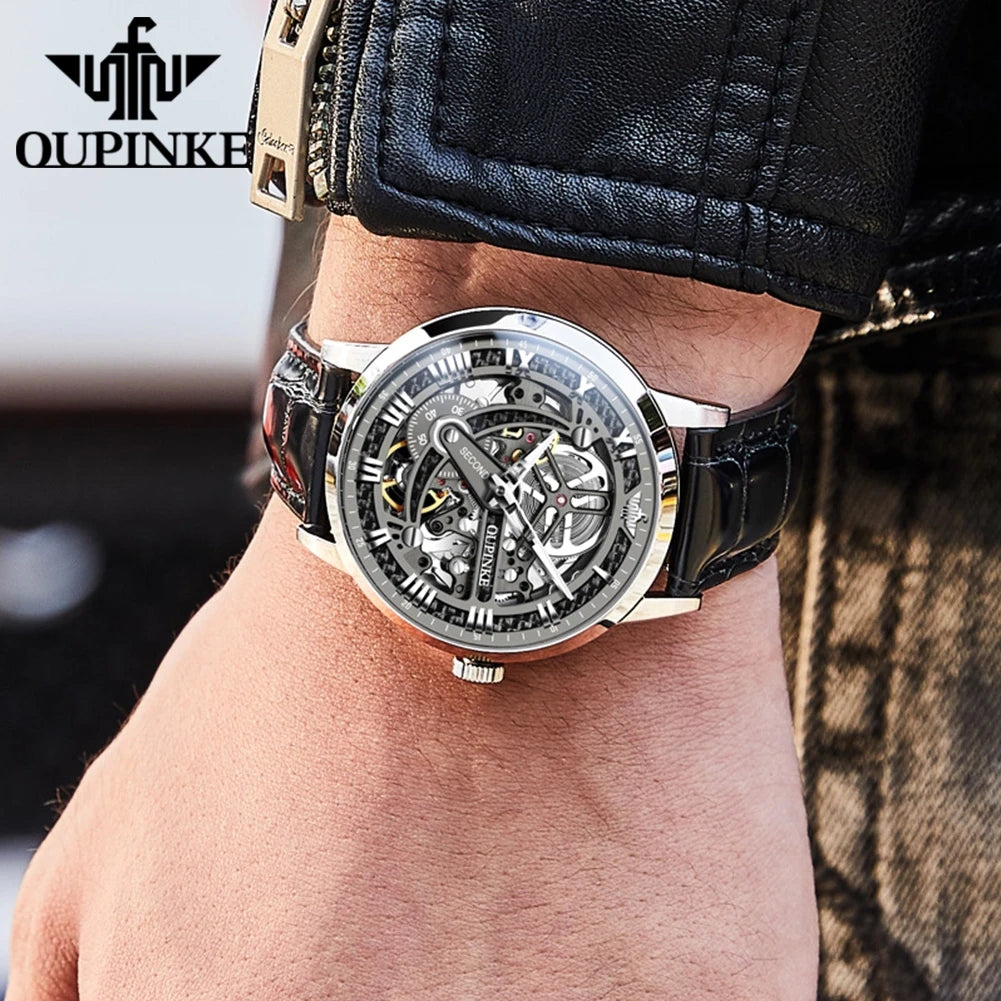 OUPINKE 3173 Original Leather Strap Automatic Hollow Mechanical Wristwatch for Men Multi Shop24