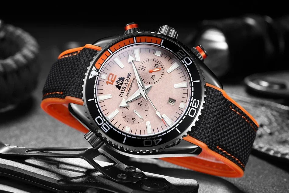 Automatic Watch for Men Mechanical Canvas Rubber Strap Orange Blue Red Multi Shop24