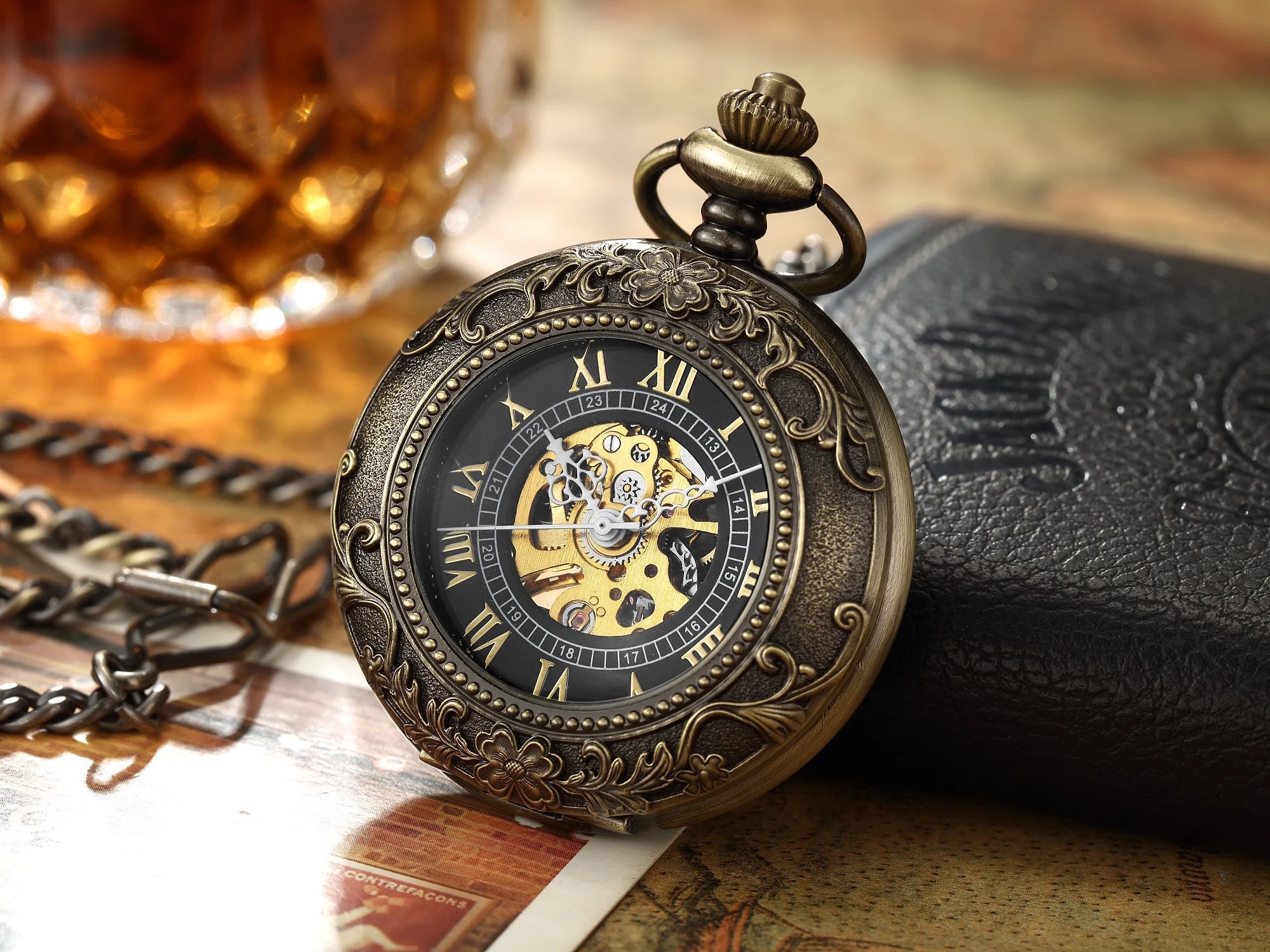 Luxury Retro Golden Hollow Skeleton Mechanical Pocket Watch Mens Multi Shop24