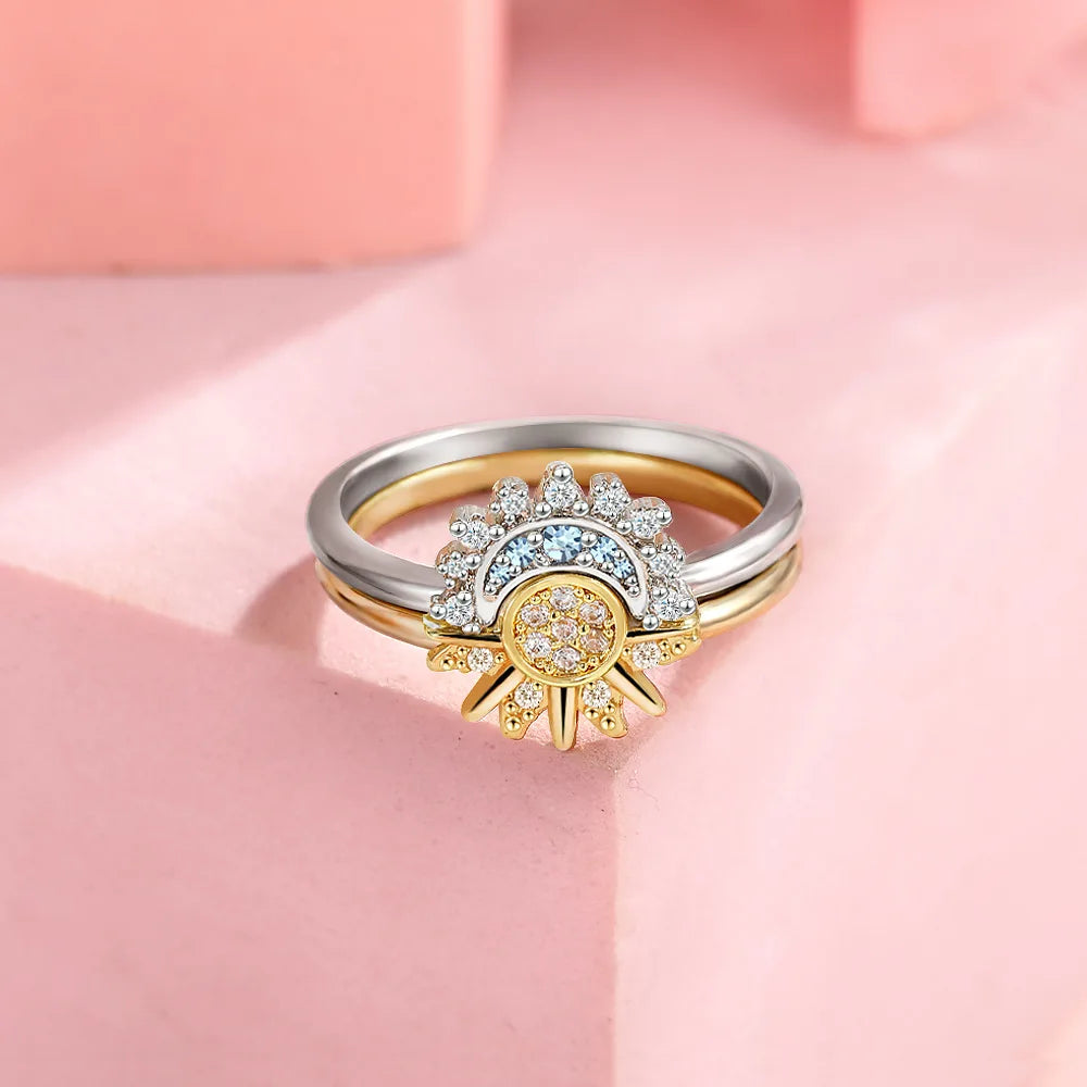 925 Silver Sun and Moon  Couple Ring Set Sky Blue - Multi Shop24