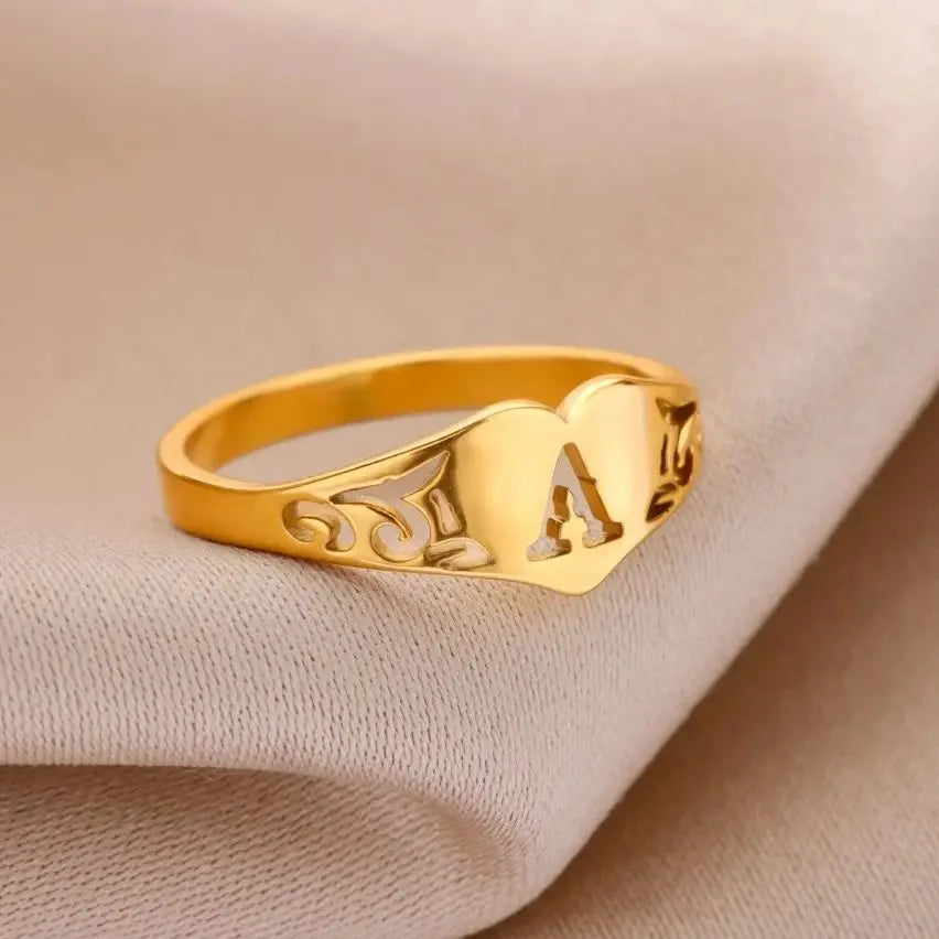 Fashion Hollow Initial Letter Heart Rings For Women Gold Color Stainless Steel A-Z