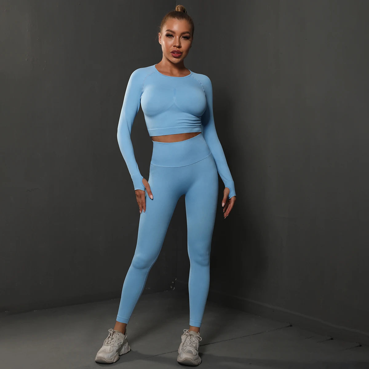 2Pcs Women Sets Energy Seamless Gym Suits Bubble Butt Sports Pants+Long Sleeve Shirts Push Up Running Sets Tracksuits Tights Set MultiShop24