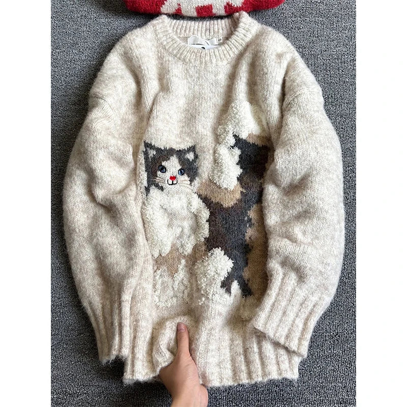 MEXZT Kawaii Cartoon Cat Sweater Women Harajuku Print Knitted Pullovers Winter Korean Cute Long Sleeve Knitwear Casual Jumpers MultiShop24
