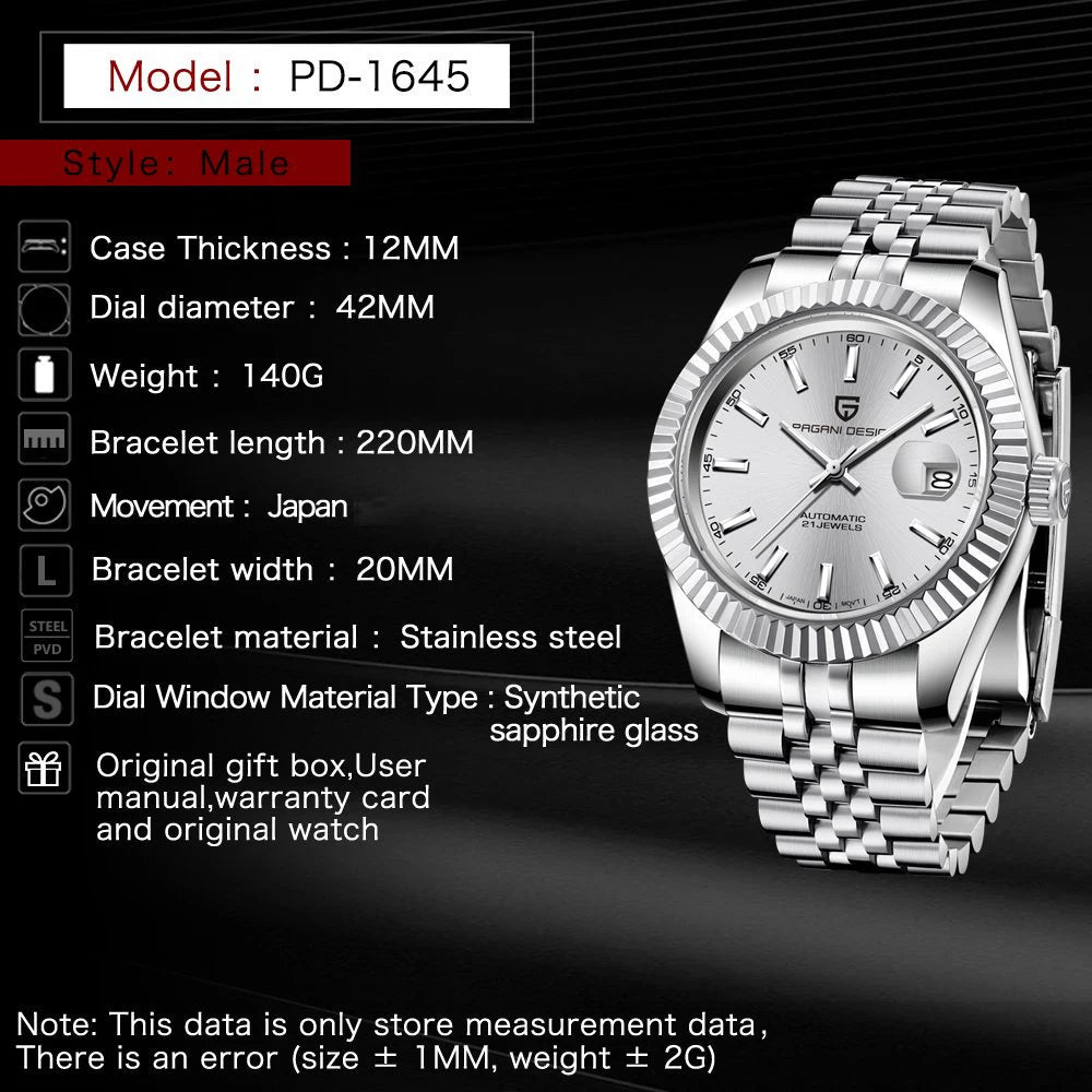 PAGANI DESIGN Business Automatic Watch 100M Waterproof 42MM Stainless Steel Multi Shop24