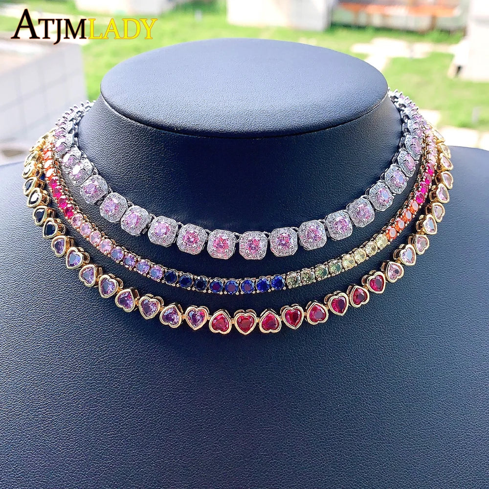 Round Heart Shaped CZ Tennis Chain Rainbow Colorful Necklace Top Quality Gold Color Hip Hop Fashion Women Choker Jewelry MultiShop24