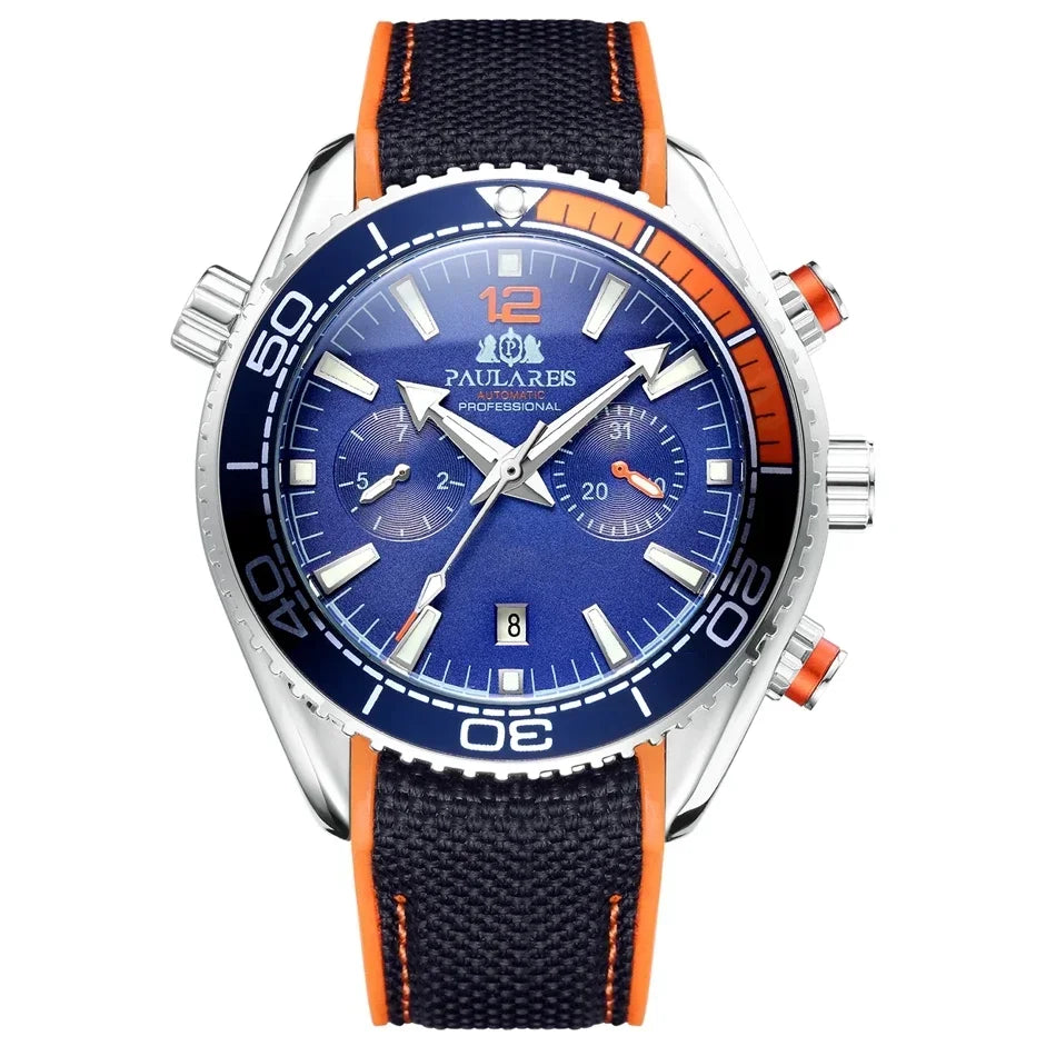 Automatic Watch for Men Mechanical Canvas Rubber Strap Orange Blue Red Multi Shop24