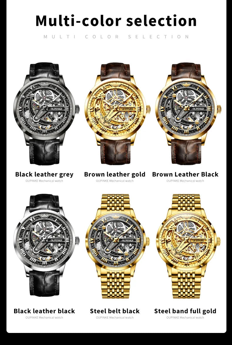 OUPINKE 3173 Original Leather Strap Automatic Hollow Mechanical Wristwatch for Men Multi Shop24