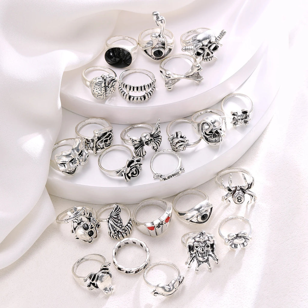 24 Pcs Gothic Skeleton Unisex Ring Set Punk Grunge Butterfly Frog Woman Man Jewelry Hip Hop Party Street Ring Accessories Gift - Multi Shop24