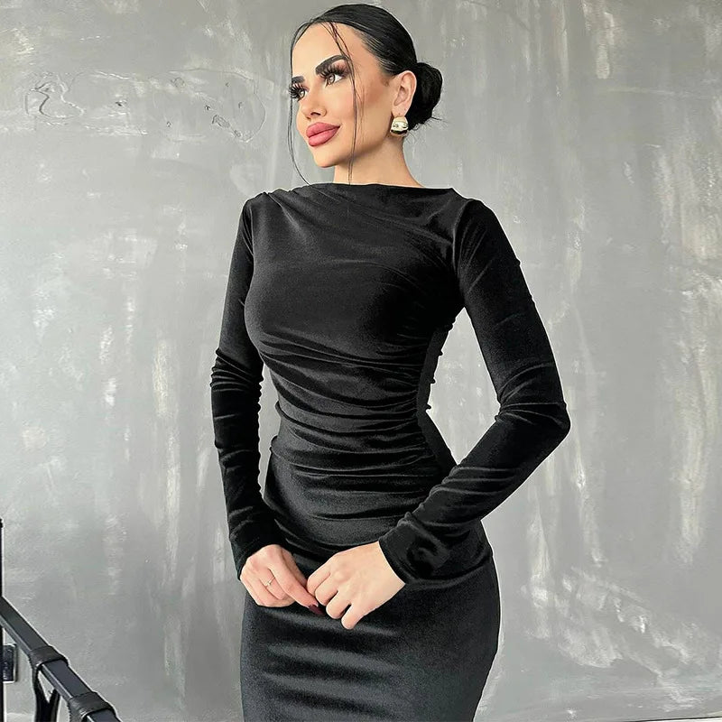 2026 Spring Summer Velvet Long Sleeve Midi Dress For Women Ruched Long Dress - Multi Shop24