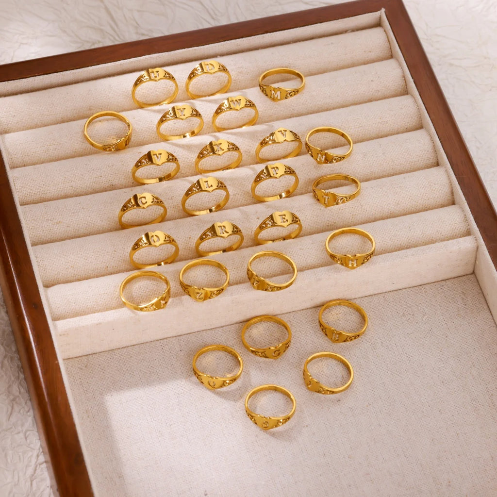 Fashion Hollow Initial Letter Heart Rings For Women Gold Color Stainless Steel A-Z