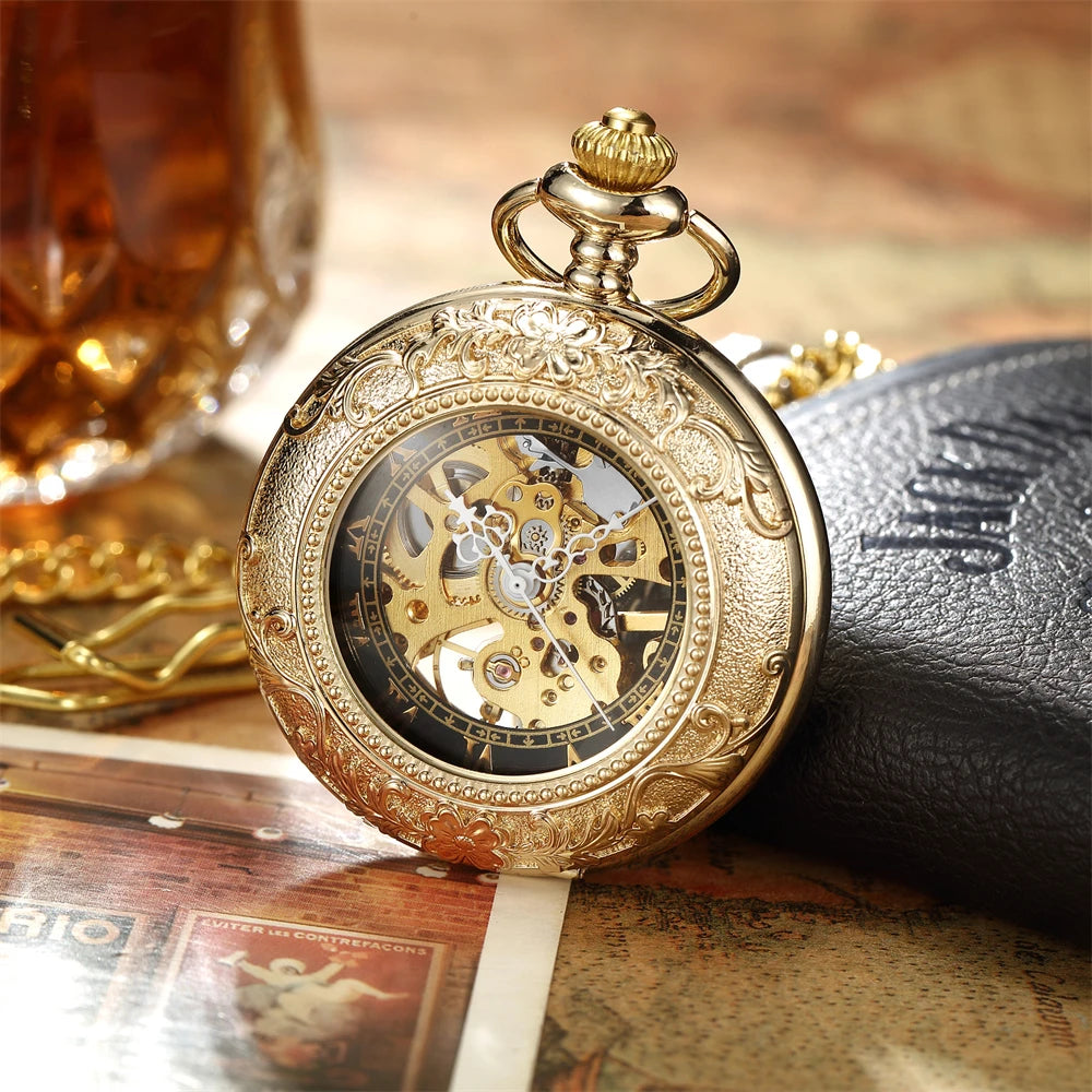 Luxury Retro Golden Hollow Skeleton Mechanical Pocket Watch Mens Multi Shop24