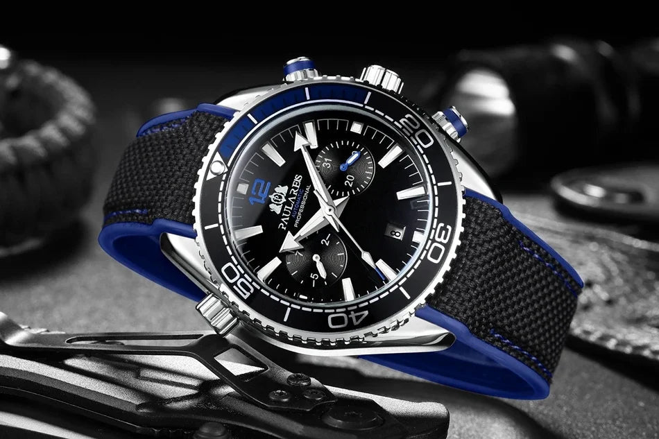 Automatic Watch for Men Mechanical Canvas Rubber Strap Orange Blue Red Multi Shop24