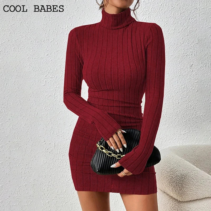 Women Dresses Elegant Party Autumn Winter New Turtleneck Long Sleeves Sexy Sheath Mini Dresses Bodycon Club Knitted Dress - Multi Shop24