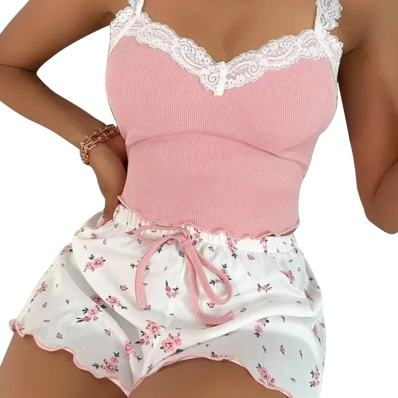 Women Pajama Set Lace Patchwork V-Neck - Multi Shop24