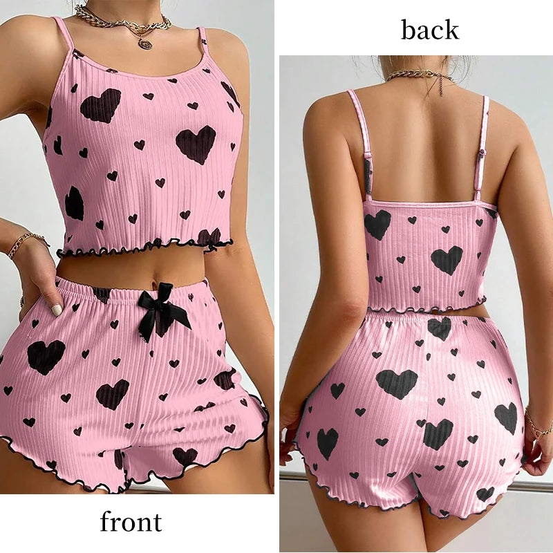 Women's Pajamas Set Sleepwear 2 PCS Short Tank Tops And Shorts S M L White Ventilate Soft Casual Love Printing MultiShop24