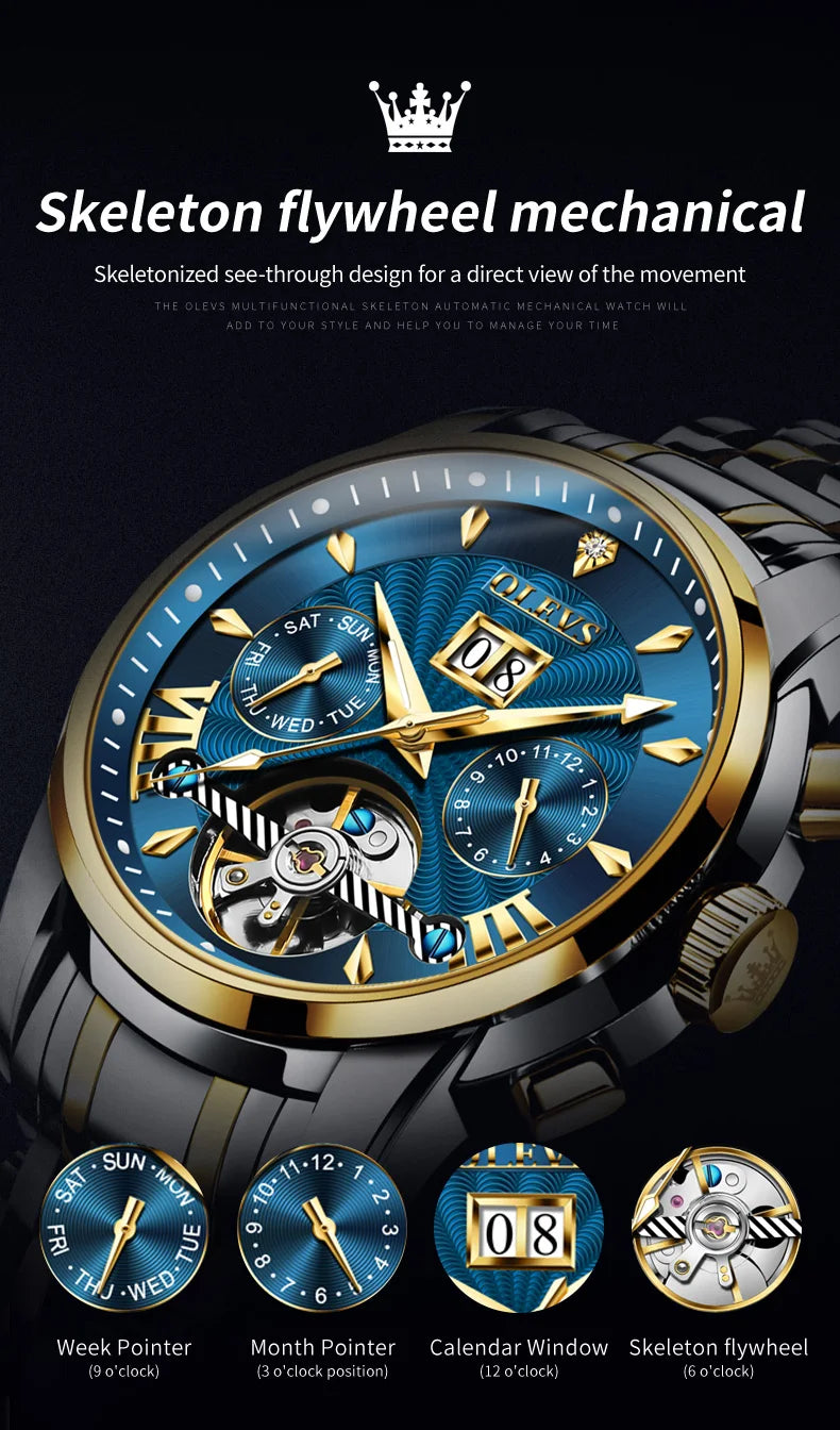 OLEVS Automatic Watch for Men Top Original Luxury Skeleton Multi Shop24