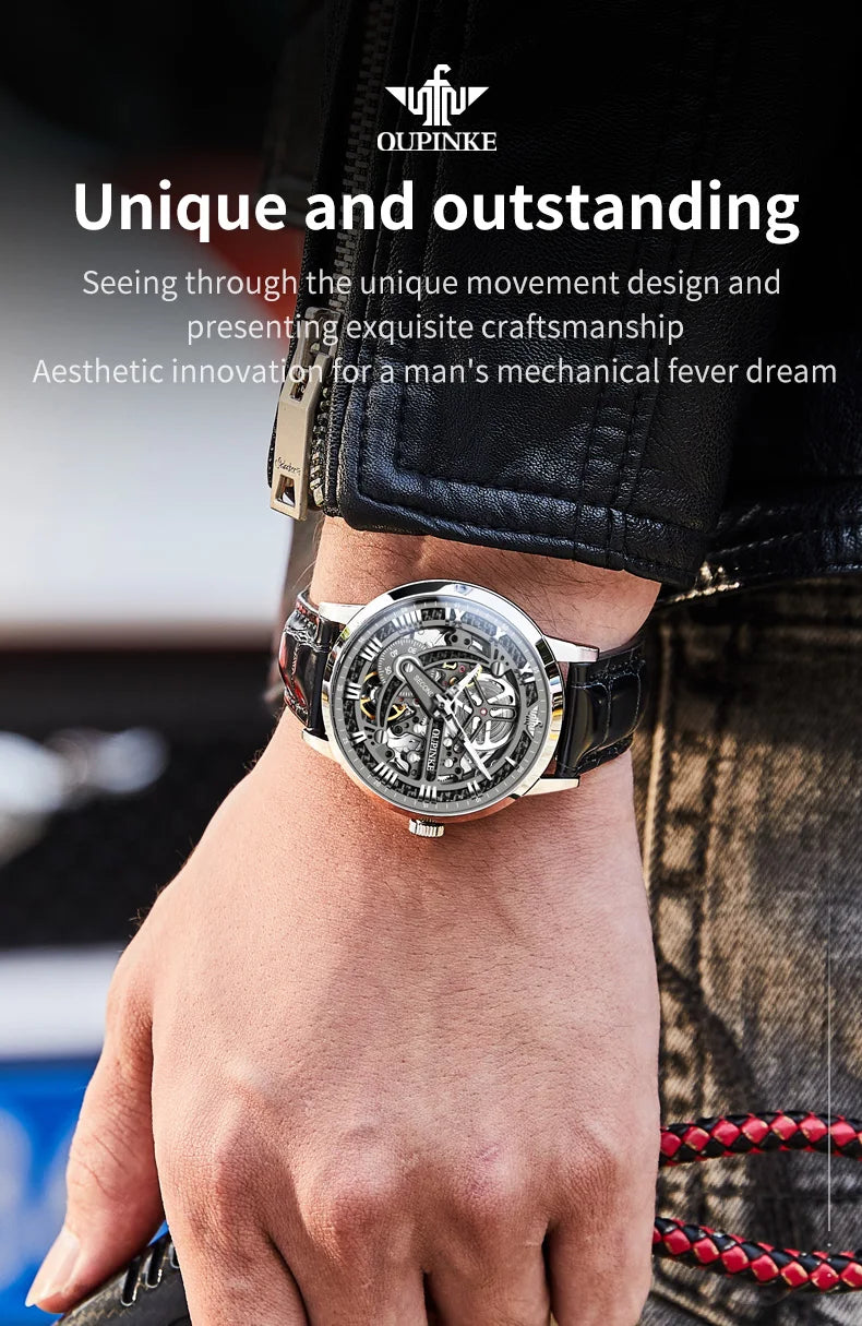 OUPINKE 3173 Original Leather Strap Automatic Hollow Mechanical Wristwatch for Men Multi Shop24