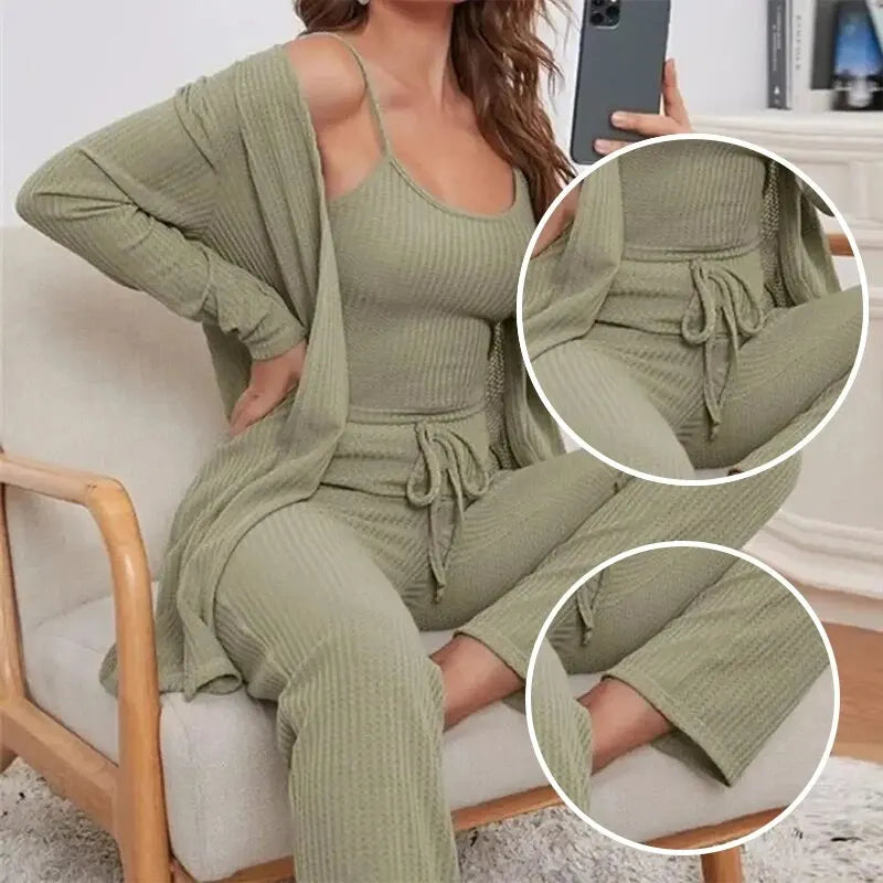 Women Sets Sling Tops Pants Robe Pajamas 3Piece - Multi Shop24