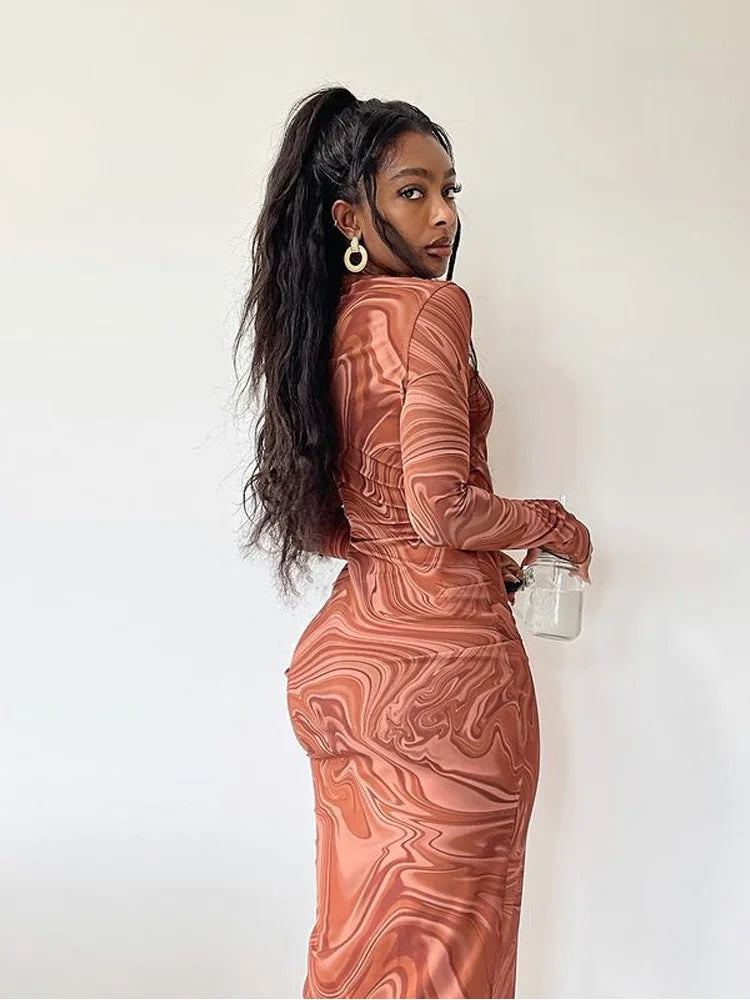 Long Sleeve Bodycon Dresses For Women Evening Party Clothes O-neck Mid Calf Sexy Vestidoes De Mujer One Piece Outfits Streetwear MultiShop24