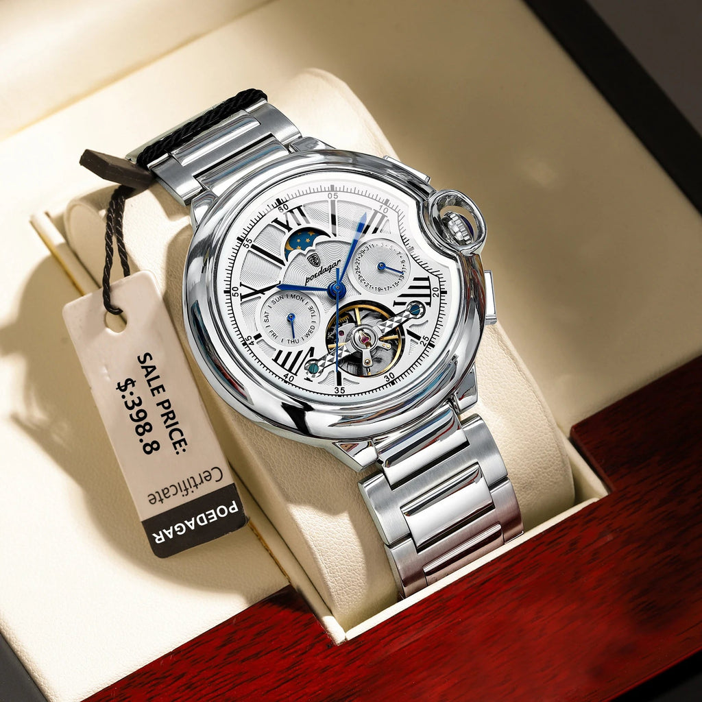 POEDAGAR Luxury Man Watch Tourbillon Date Week Stainless Steel Men Multi Shop24