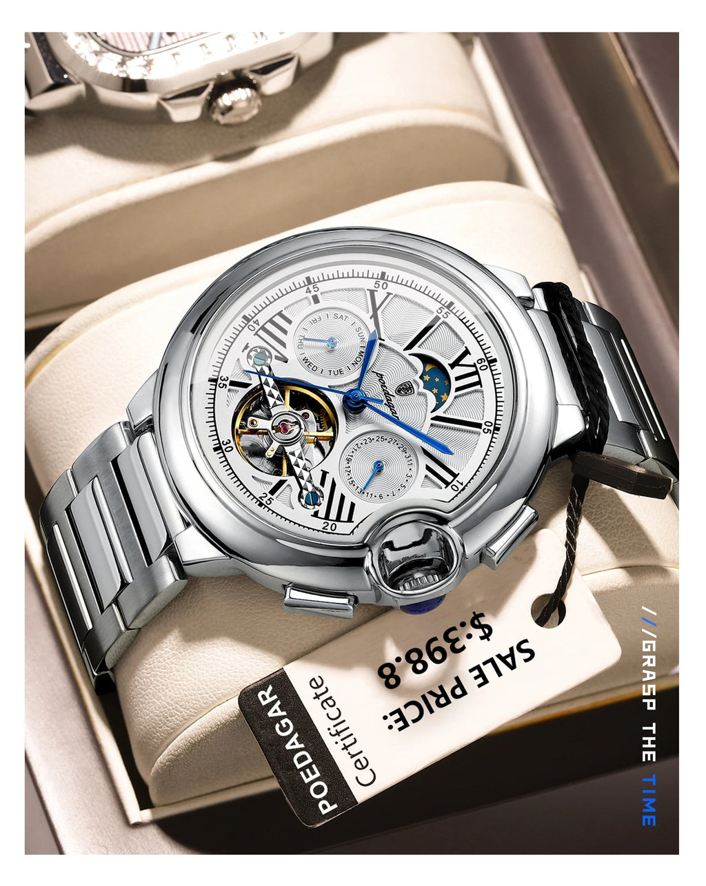 POEDAGAR Luxury Man Watch Tourbillon Date Week Stainless Steel Men Multi Shop24