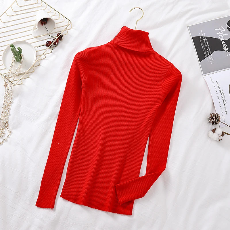 2026 Autumn Winter Women Long Sleeve Knitted Foldover Turtleneck Ribbed Pull Sweater Soft Warm Femme Jumper Pullover Clothes MultiShop24