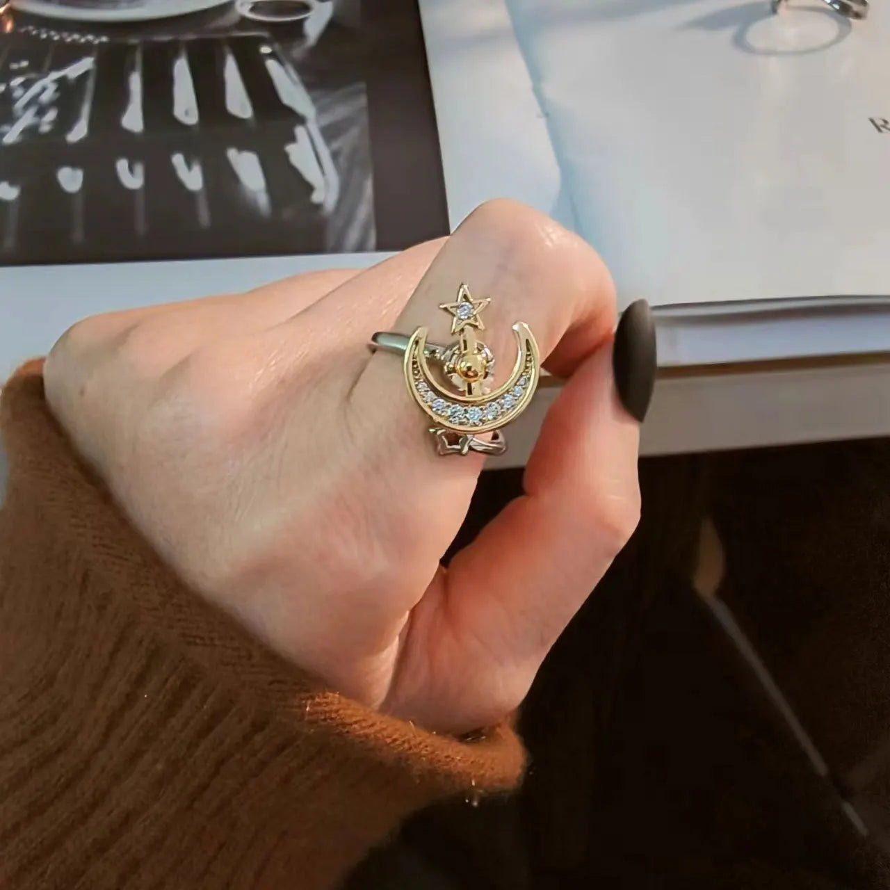 VENTFILLE 925 Sterling Silver Sunflower Diamond Zircon Rotatable Ring For Women