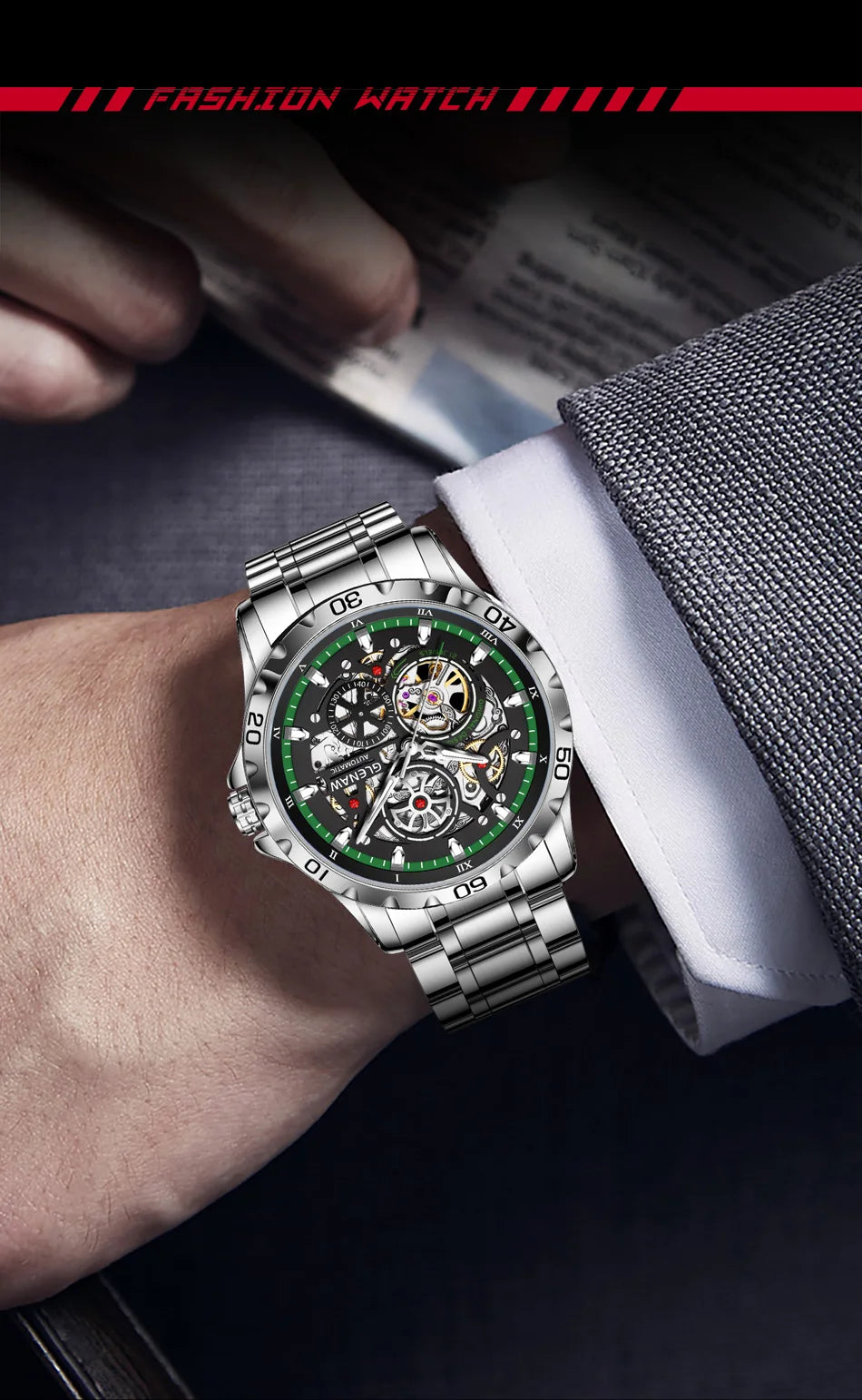 GLENAW Steampunk Skeleton Men's Watch Ring Luxury Automatic Multi Shop24