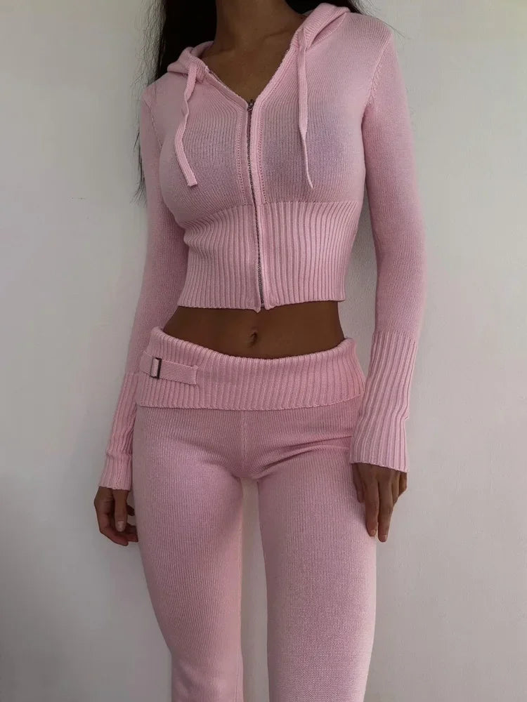 TARUXY Women Spring Outfits Casual Zipper Sweater Hoodie Set High Waist Flare Pants Suits Pink Knitted Womens Y2k Two Piece Set MultiShop24