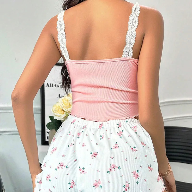 Women's sexy lace lace camisole vest shorts 2026 sleepwear women's slim fit two-piece home outfit new product pink coffee blue MultiShop24